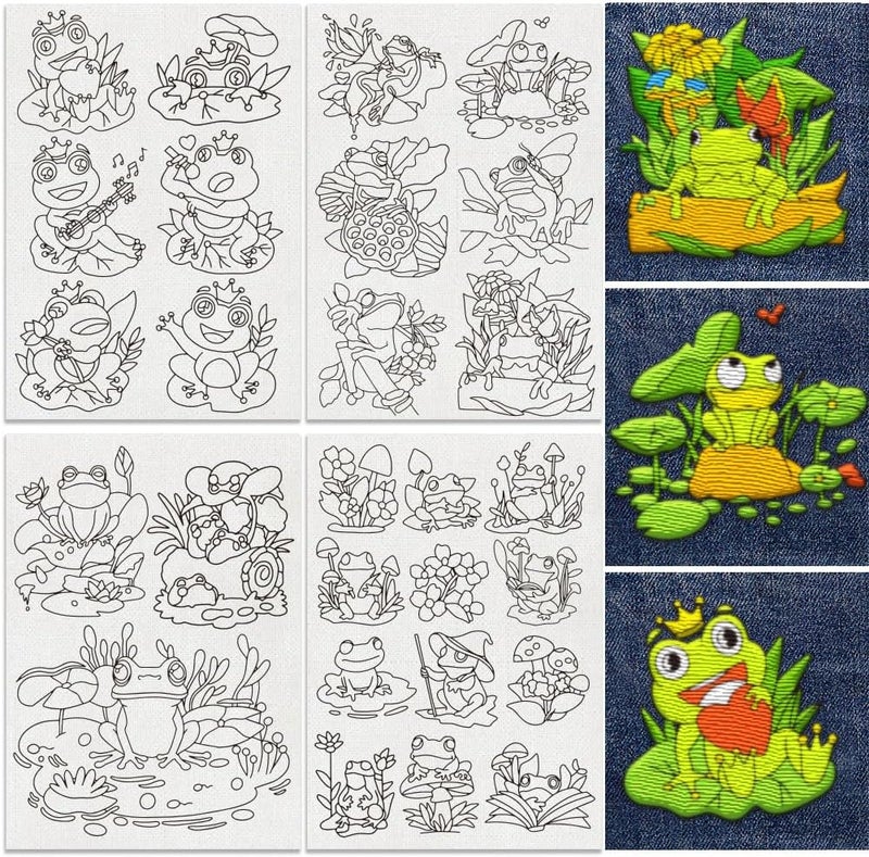 DOODLREAM 27Pcs Frog on Lotus Leaf Embroidery Pattern Stabilizers, 8.3"x11.7" Cartoon Frog Water Soluble Stick and Stitch Embroidery Stickers, 4 Sheets Hand Sewing DIY Embroidery Paper - Image 1